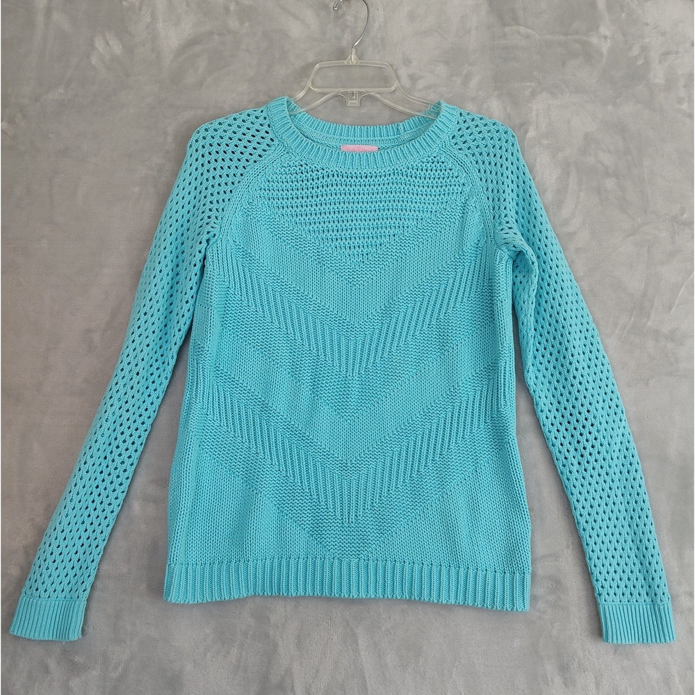 Lilly Pulitzer‎ Womens Turquoise Blue Chevron Pointelle Cotton Sweater 86393 S